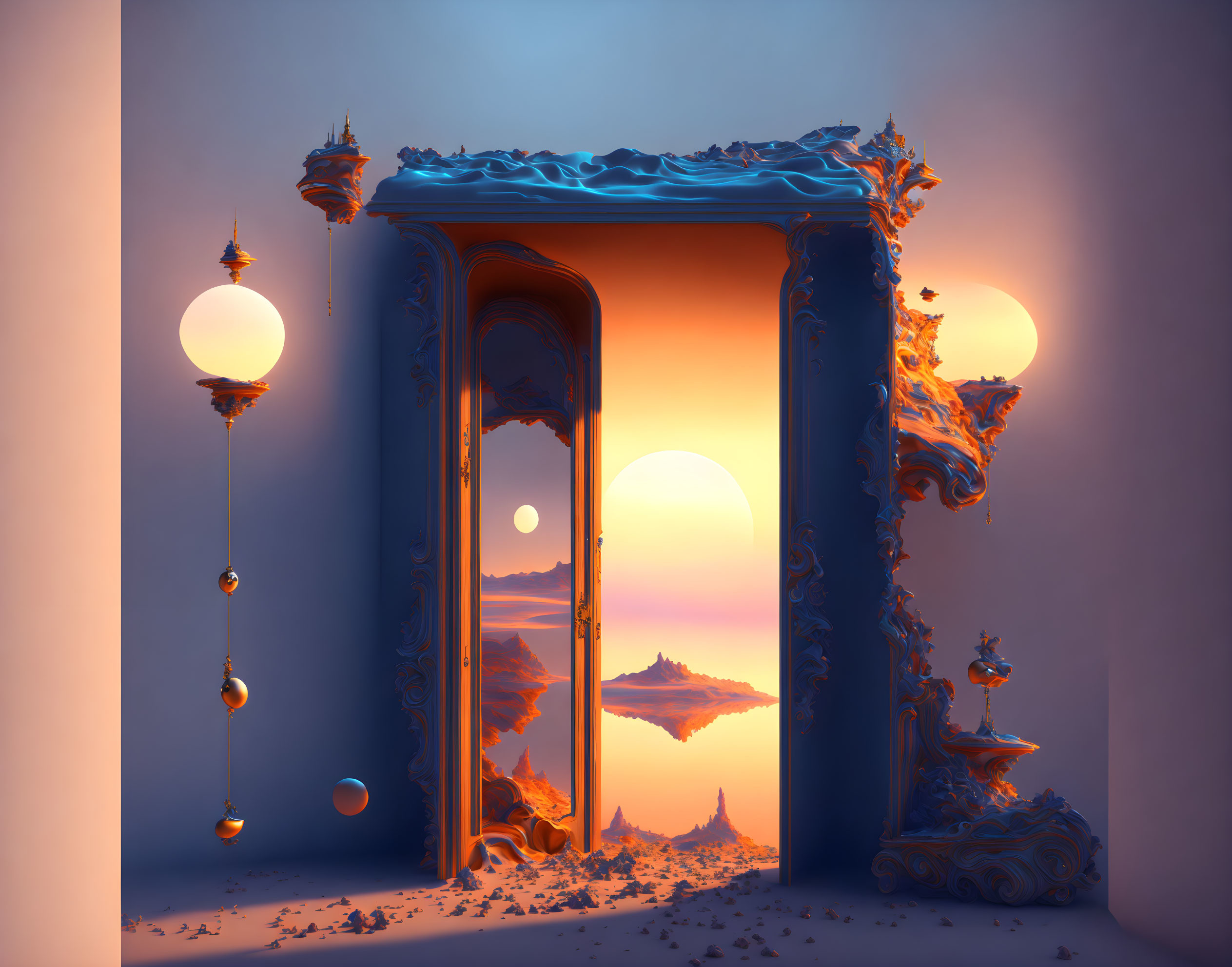 Surreal blue doorway and lanterns in sunset seascape