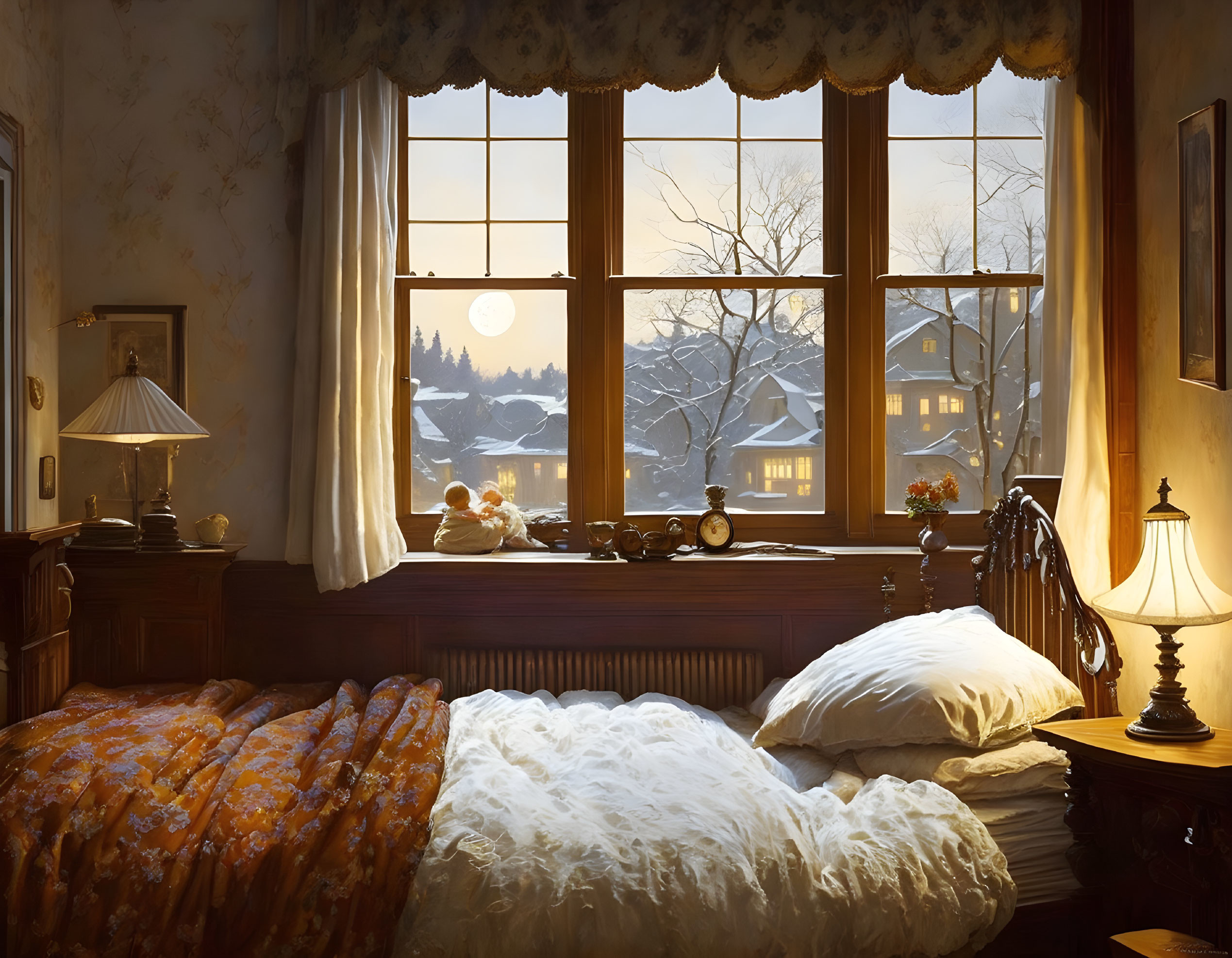 Cozy bedroom at dusk with made bed, glowing lamps, snowy neighborhood view, full moon