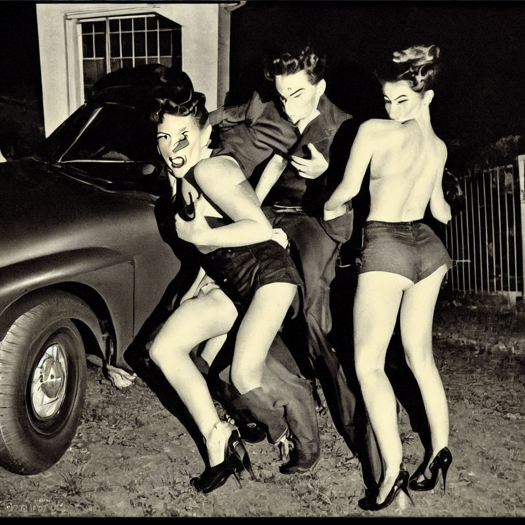 Vintage Black and White Photo of Three People Posing as Classic Horror Characters by Car