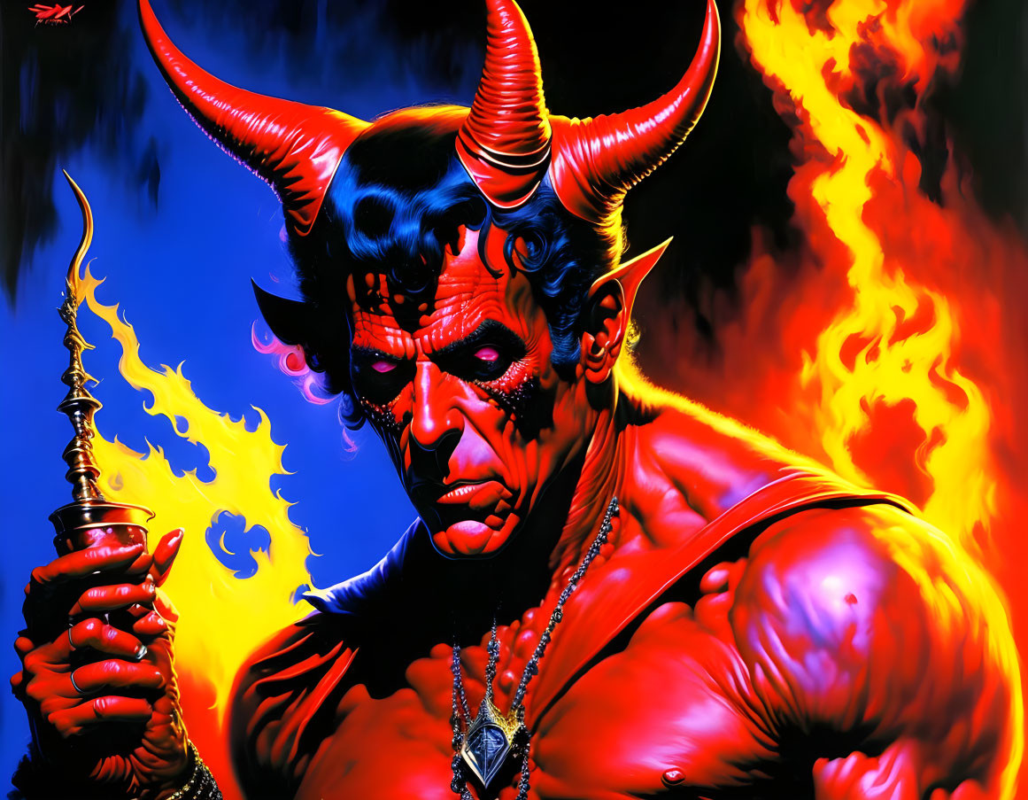 Red-skinned demon with horns holding mysterious object in fiery backdrop