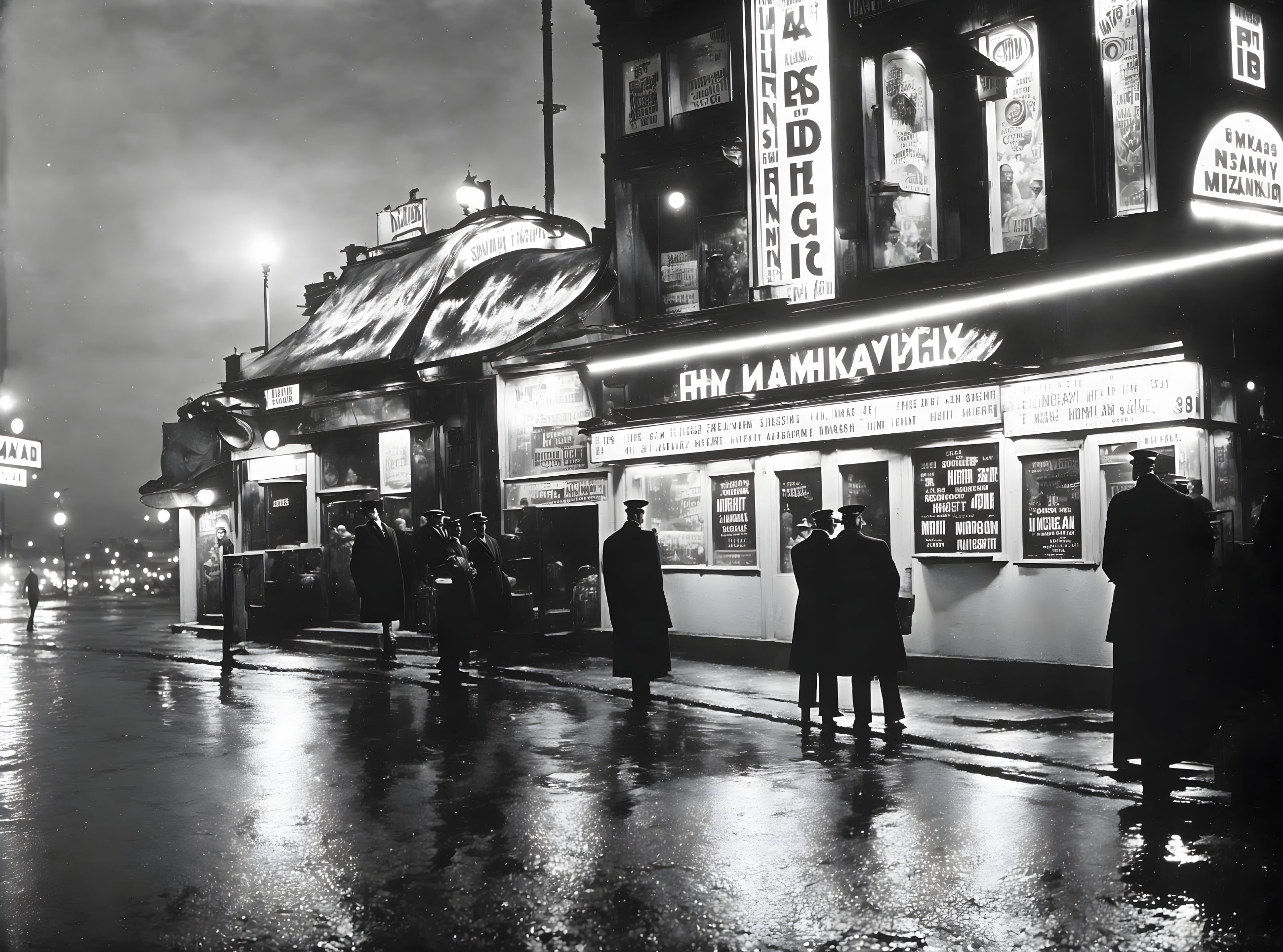 Monochrome night scene: neon signs, pedestrians, wet streets.