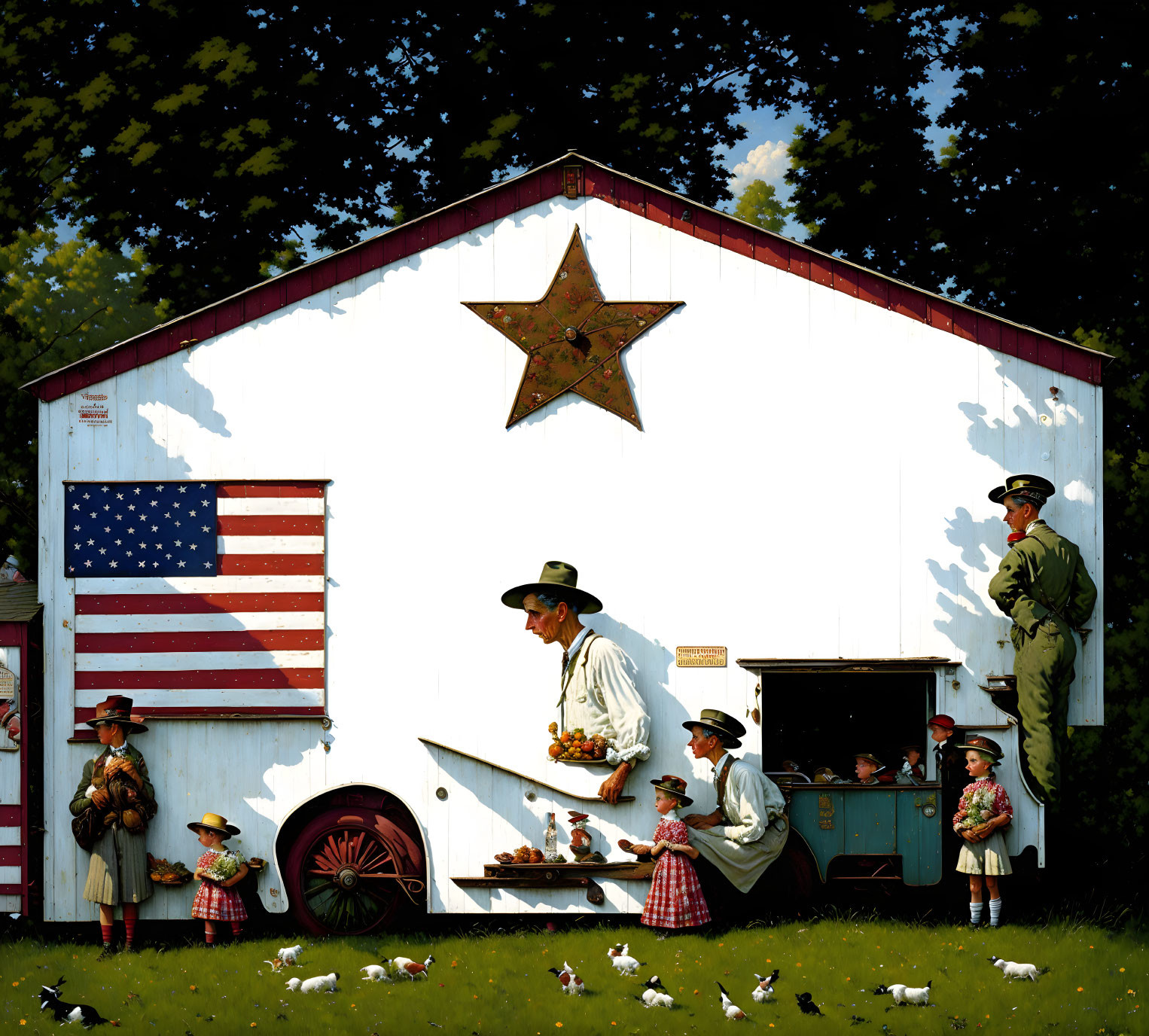 Traditional Attire People by Barn with American Flag & Star, Chickens, Man on Wagon