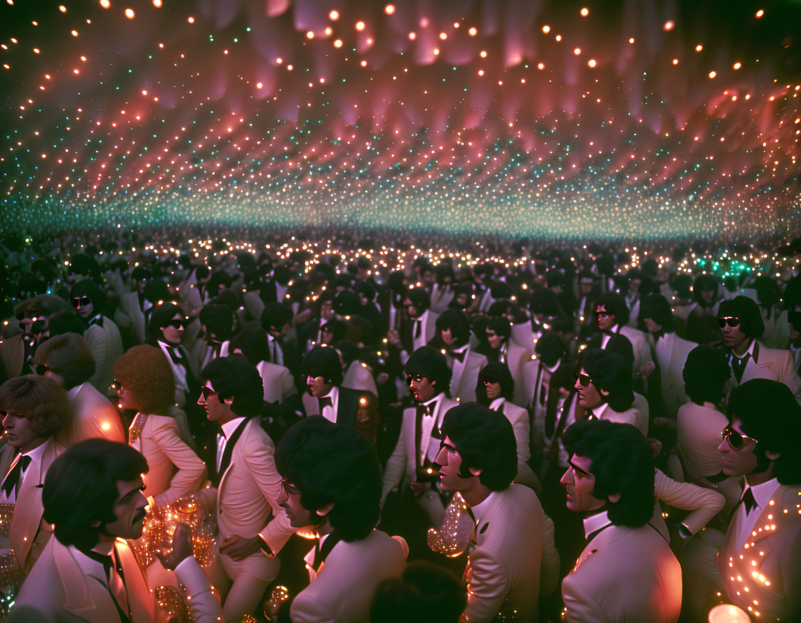 Crowded retro-style party with people in white suits under colorful bokeh lights