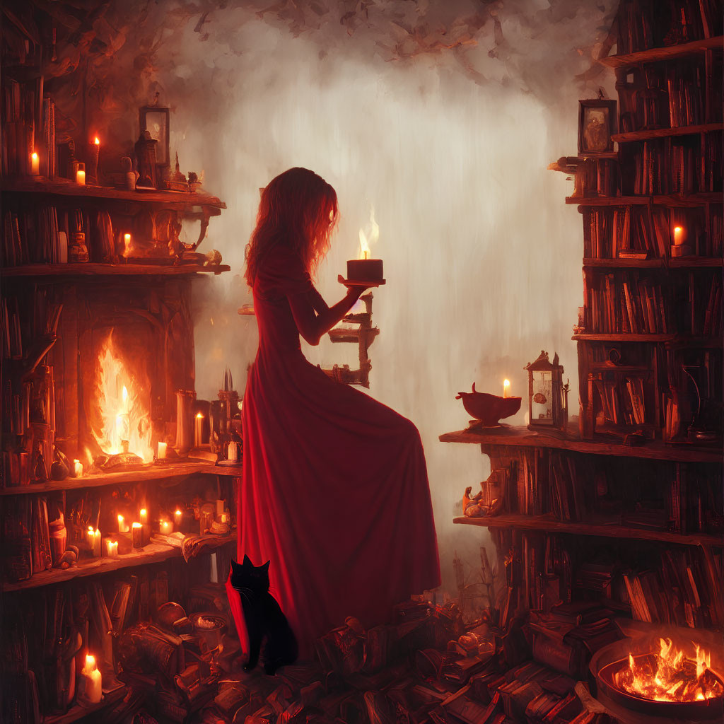 Woman in Red Dress Holding Candle in Dimly Lit Room with Black Cat