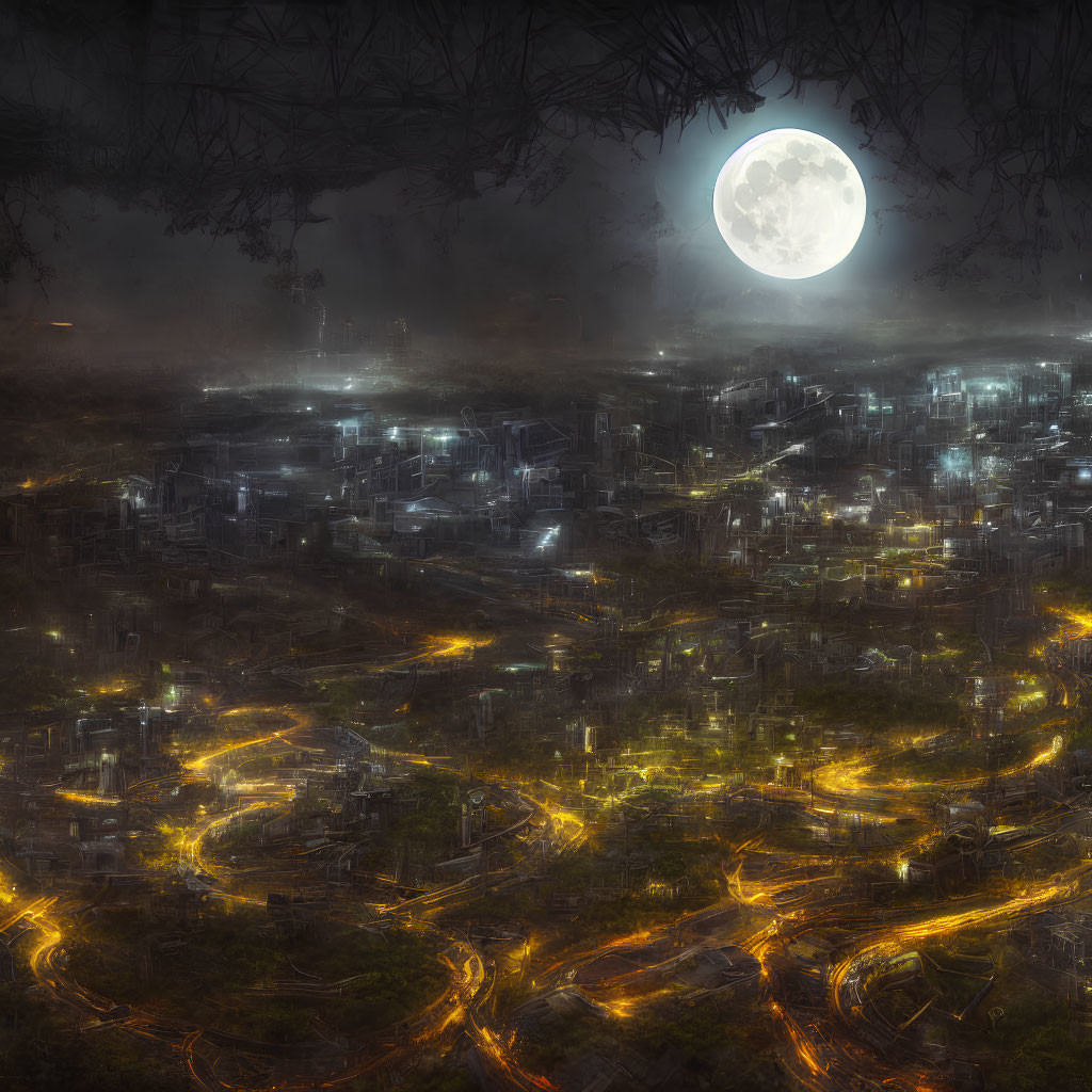 Luminous full moon over sprawling cityscape at night