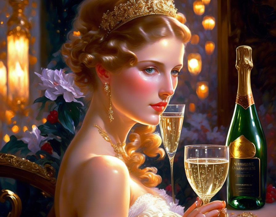 Digital painting of elegant woman with golden hair and tiara at table with champagne.