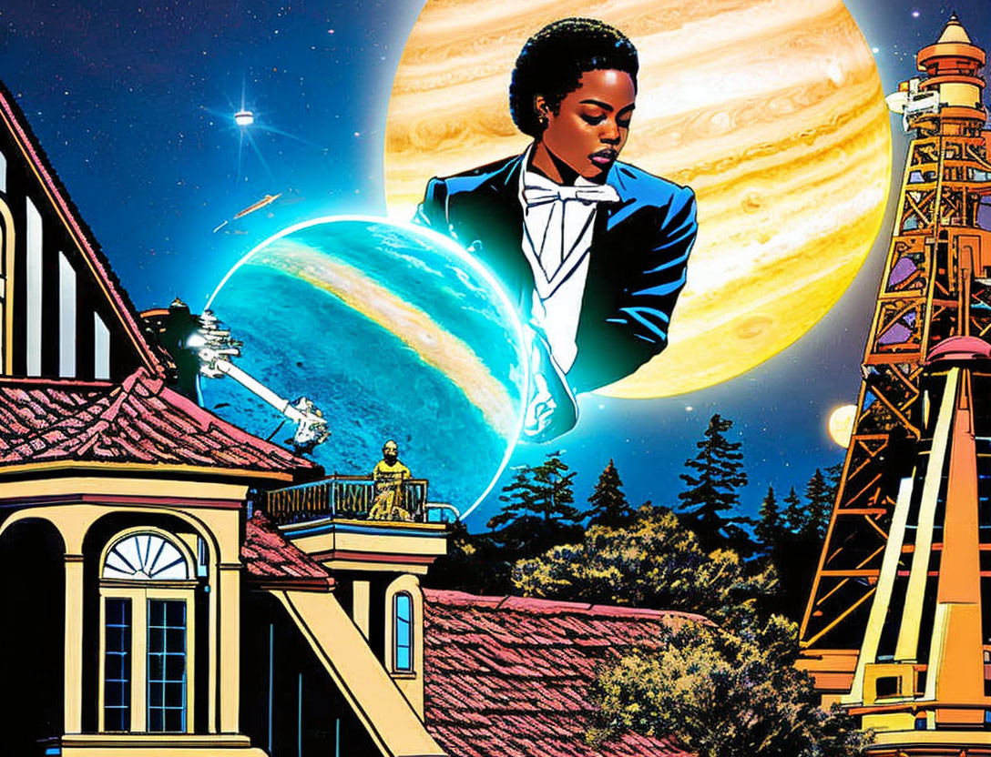 Person in suit controls glowing orb with moon, lighthouse, and building in comic book style