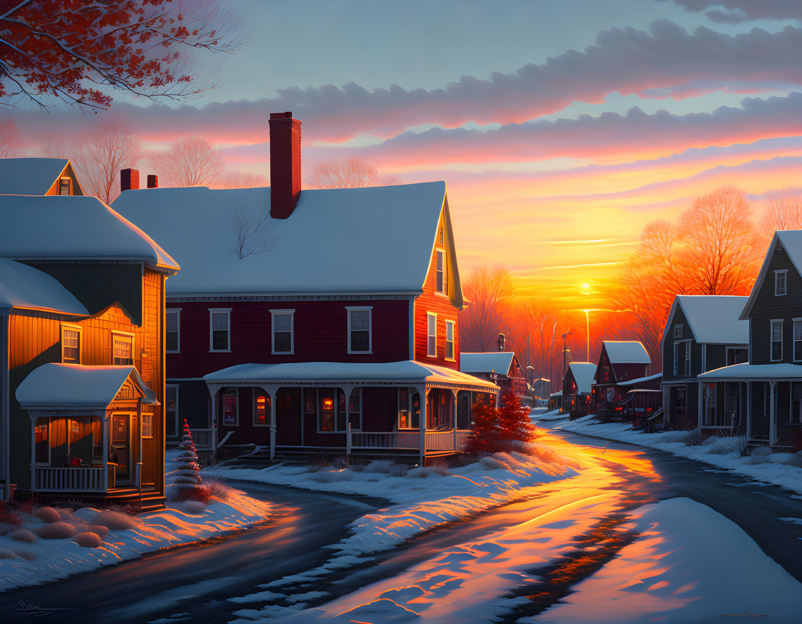 Sunset snow-covered street with orange sky, silhouetted trees, and glowing house windows