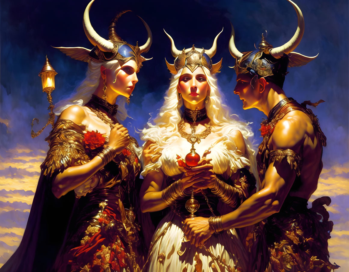 Three individuals in fantasy costumes with horns and fur, holding lantern and apple against dramatic sky.