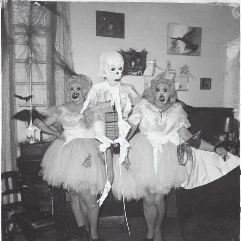 Vintage dresses and skull masks in Halloween-themed room.