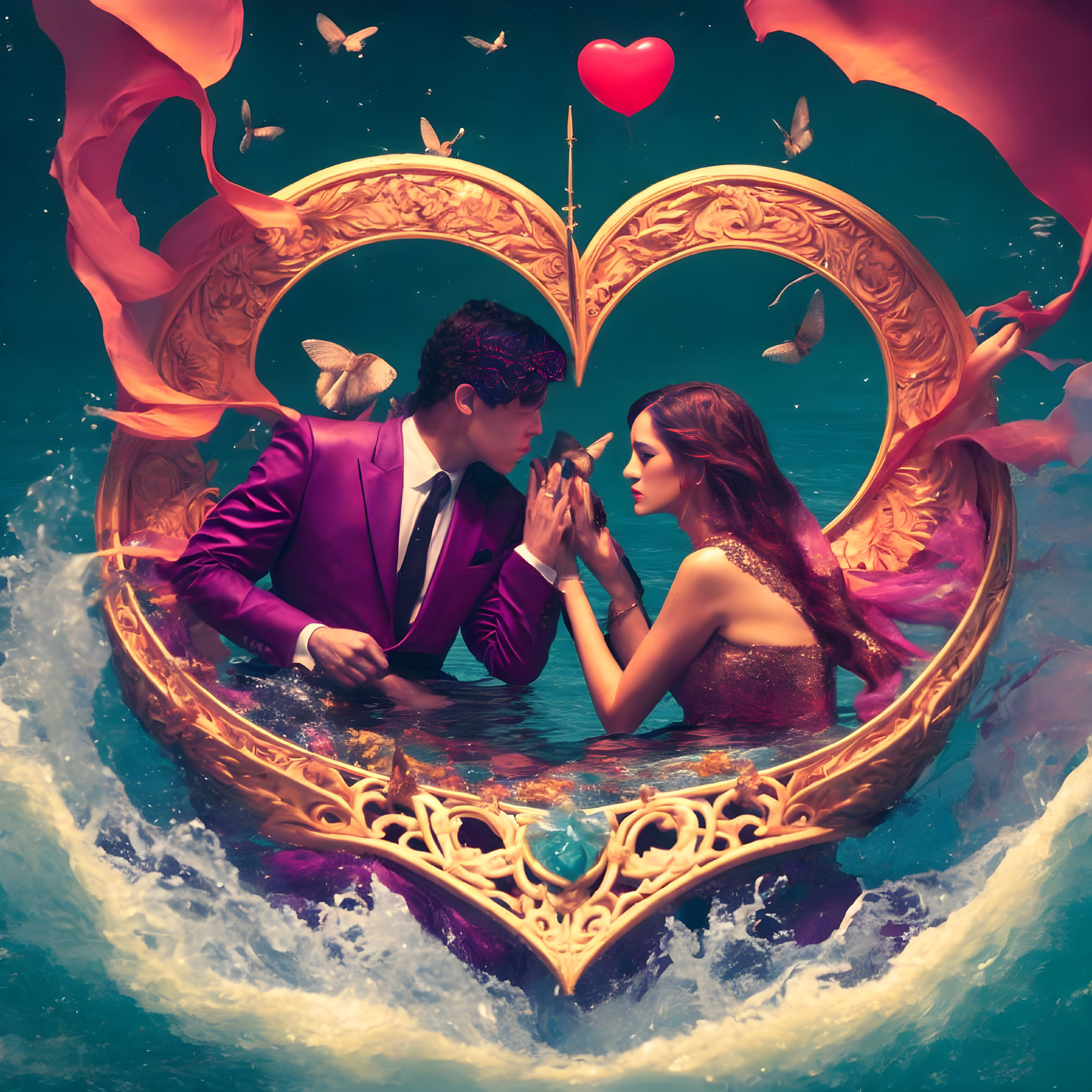 Man and woman in elegant attire float in water inside golden heart-shaped frame with butterflies and red heart balloon