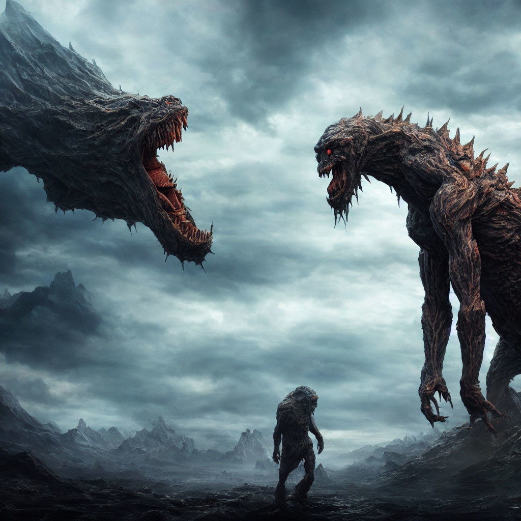 Humanoid Figure Confronts Menacing Beasts in Apocalyptic Scene