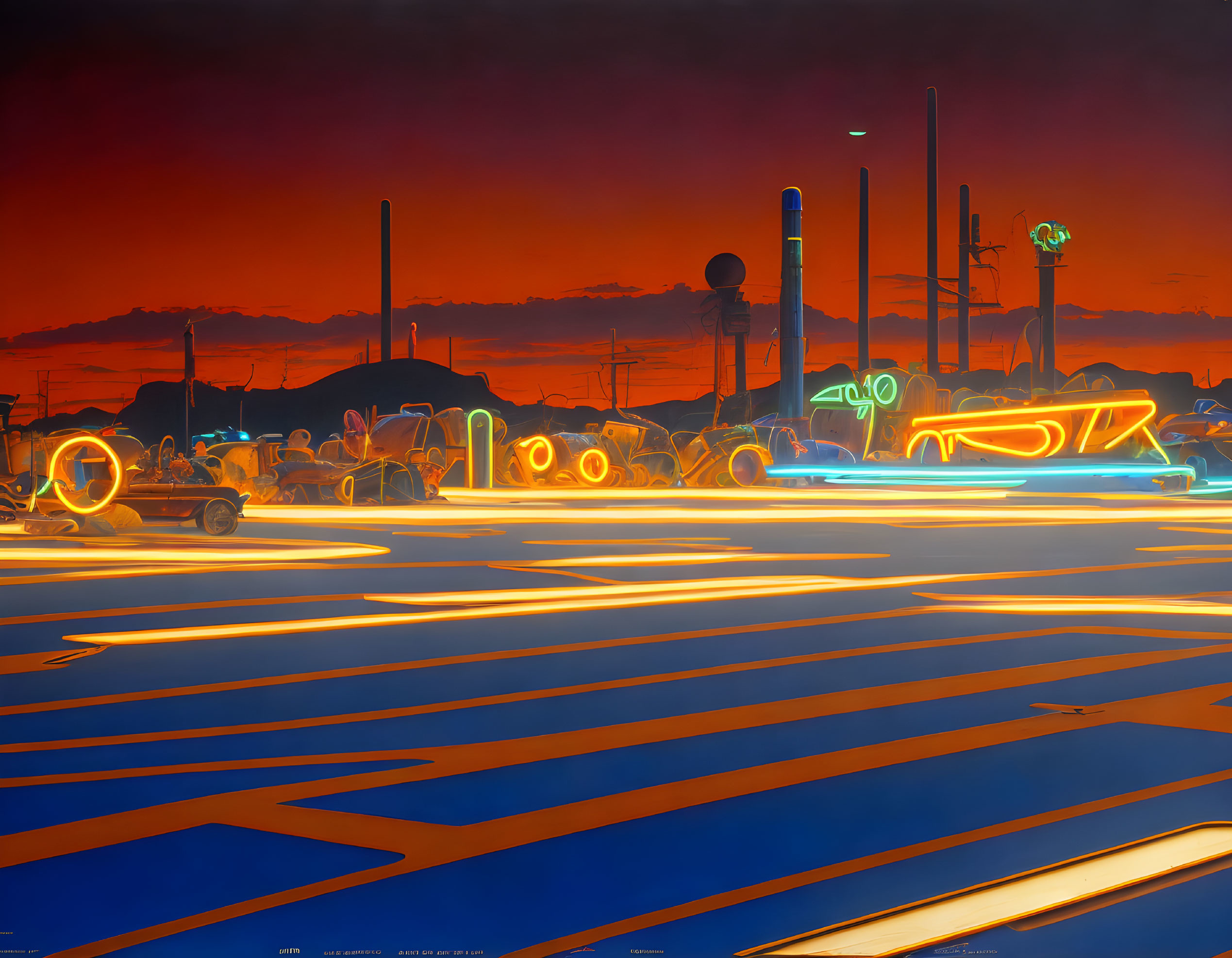 Futuristic cityscape digital artwork with neon outlines