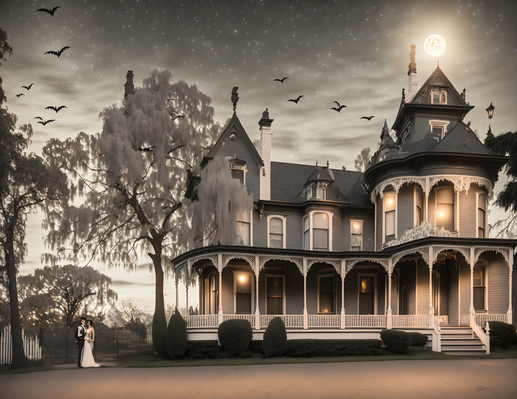 Wedding couple embraces in front of Victorian house at dusk