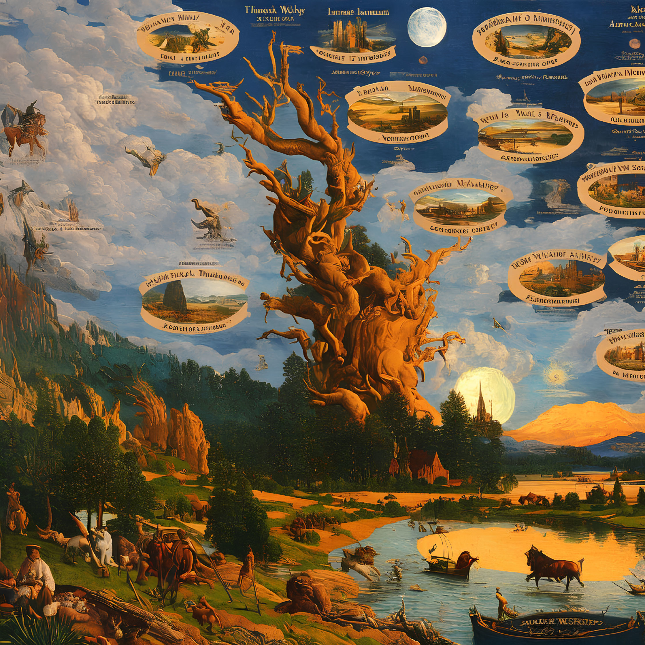 Detailed painting of nature and celestial motifs with large tree, moons, people, animals, landscapes