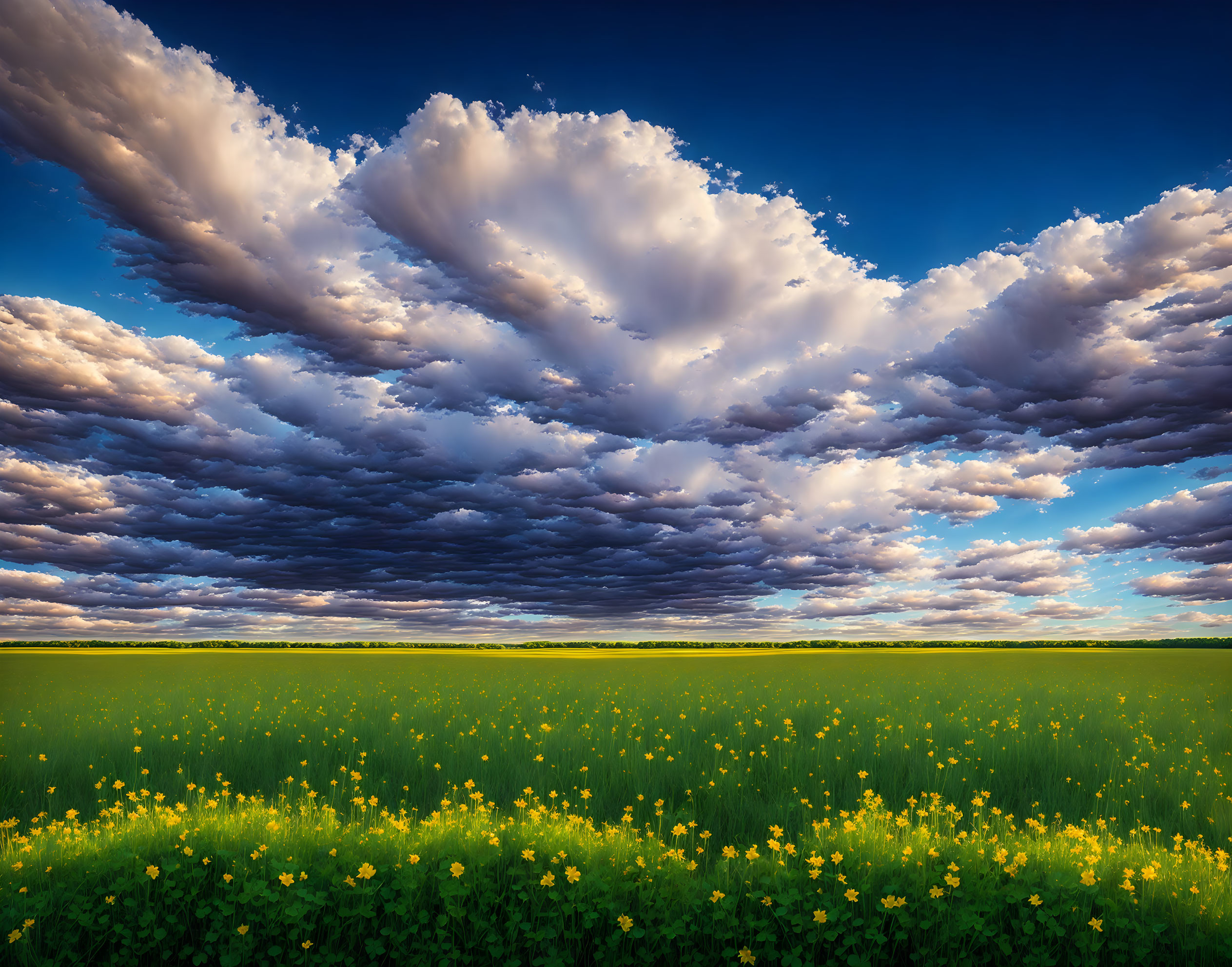 Vibrant green field with yellow flowers under dramatic sky