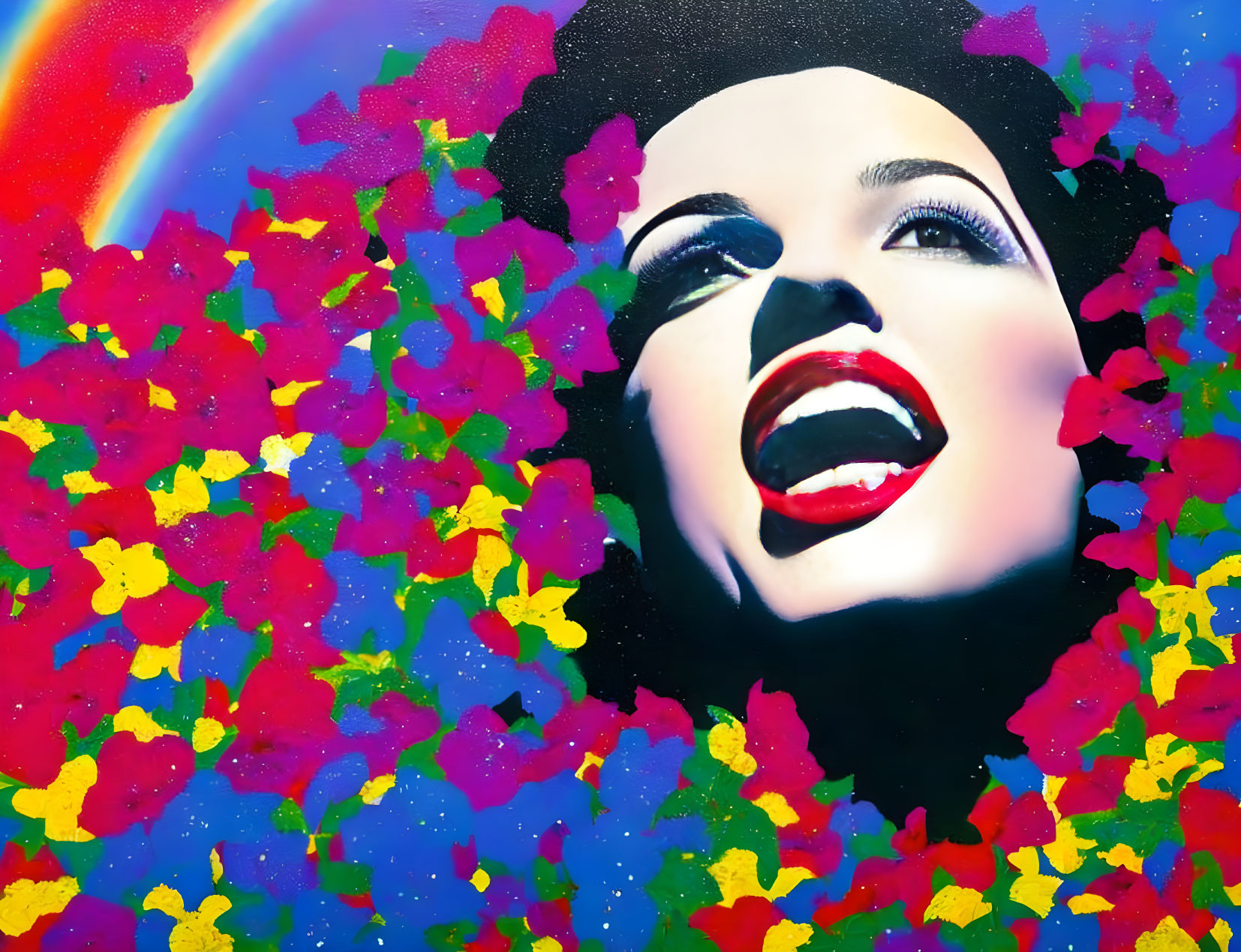 Colorful street art featuring woman's face, red lips, flowers, and rainbow