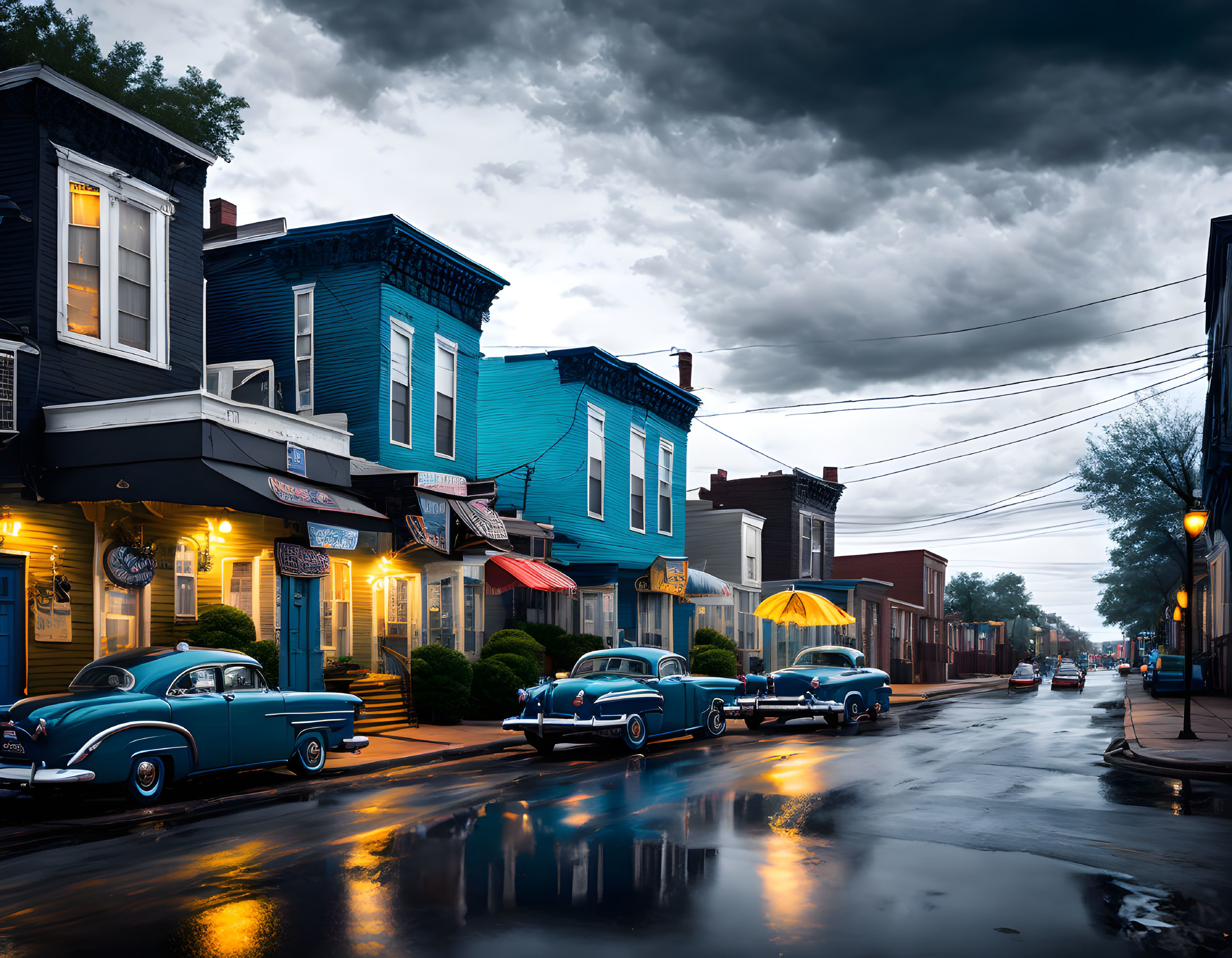 Vintage buildings and classic cars on rainy street under moody sky