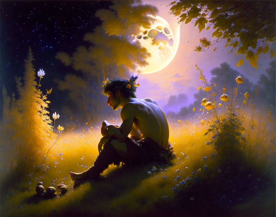 Moonlit meadow scene: mythical satyr, glowing flowers, full moon, stars.