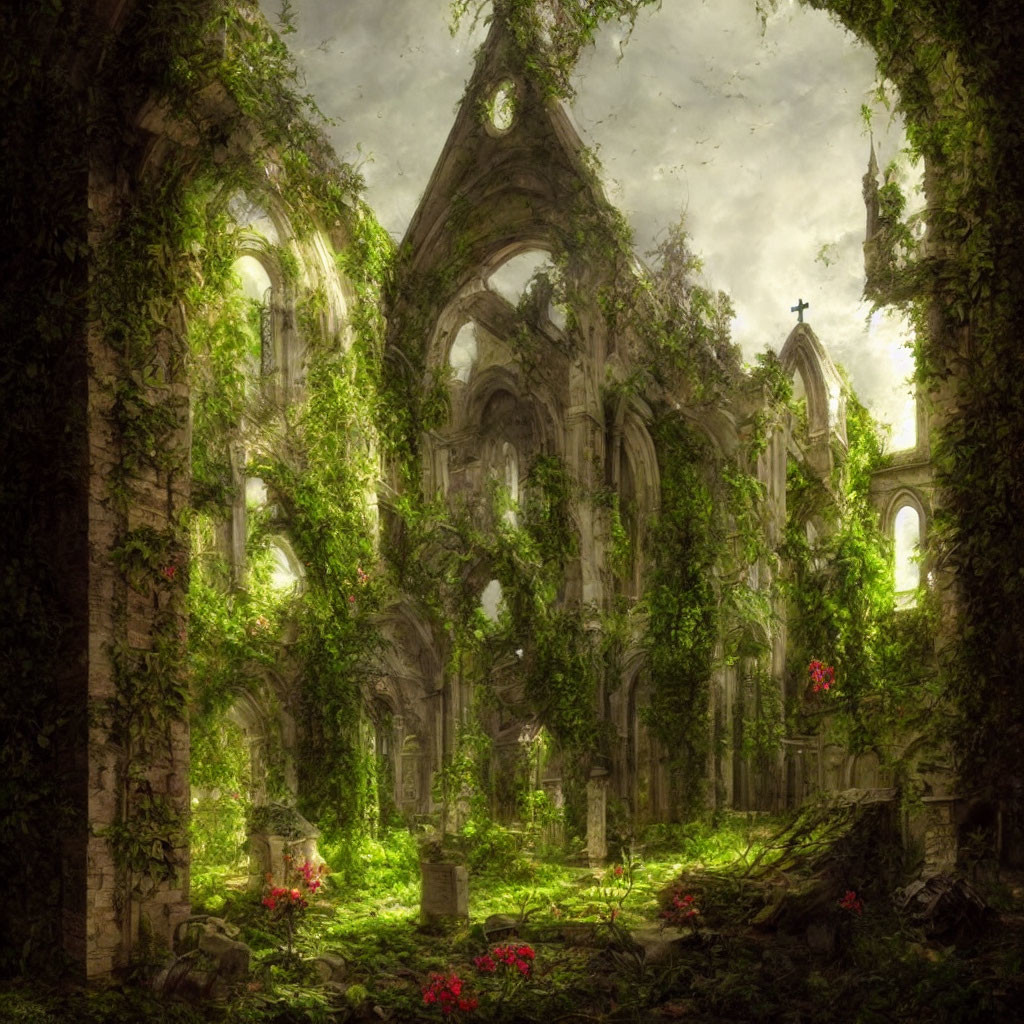 Abandoned church covered in green ivy with shattered roof and red flowers among ruins