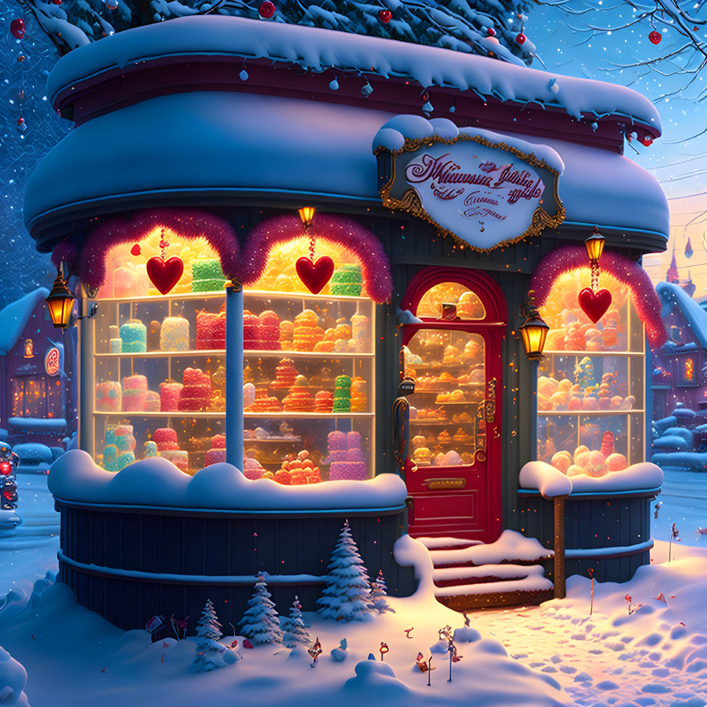 Snow-covered bakery at twilight with Christmas decorations and cakes in window