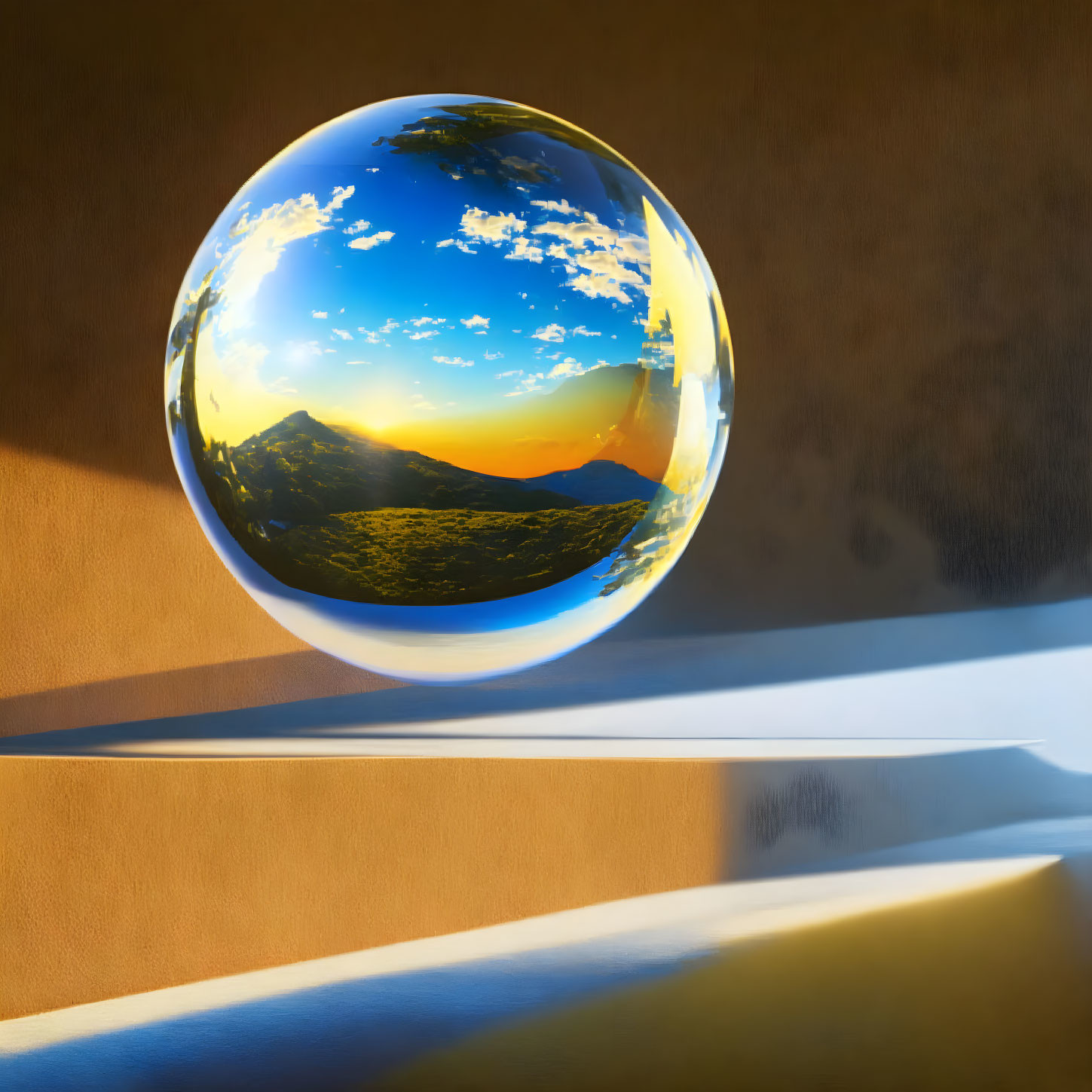 Vivid landscape reflection in spherical form contrasted with geometric shadows