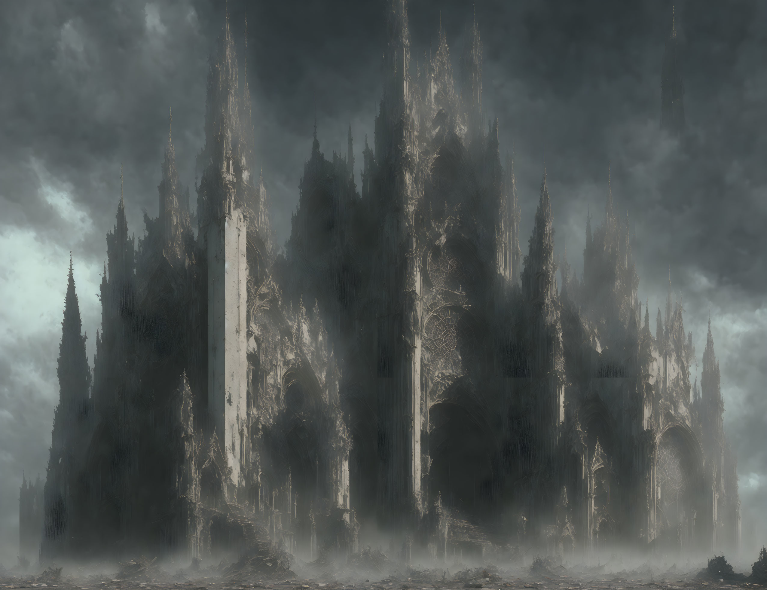 Gothic castle in misty, desolate landscape