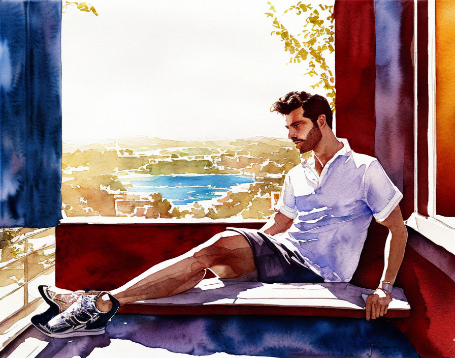 Man on Balcony Overlooking Sea in Watercolor Style