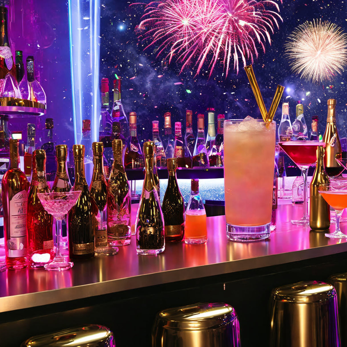 Colorful Bar Scene with Bottles, Cocktail, and Neon Lights