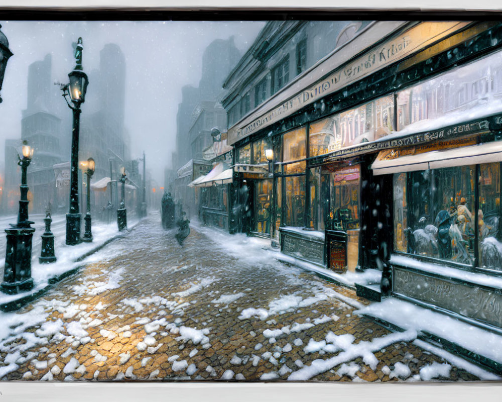 Snowy street scene with vintage lampposts and storefronts in gentle blizzard