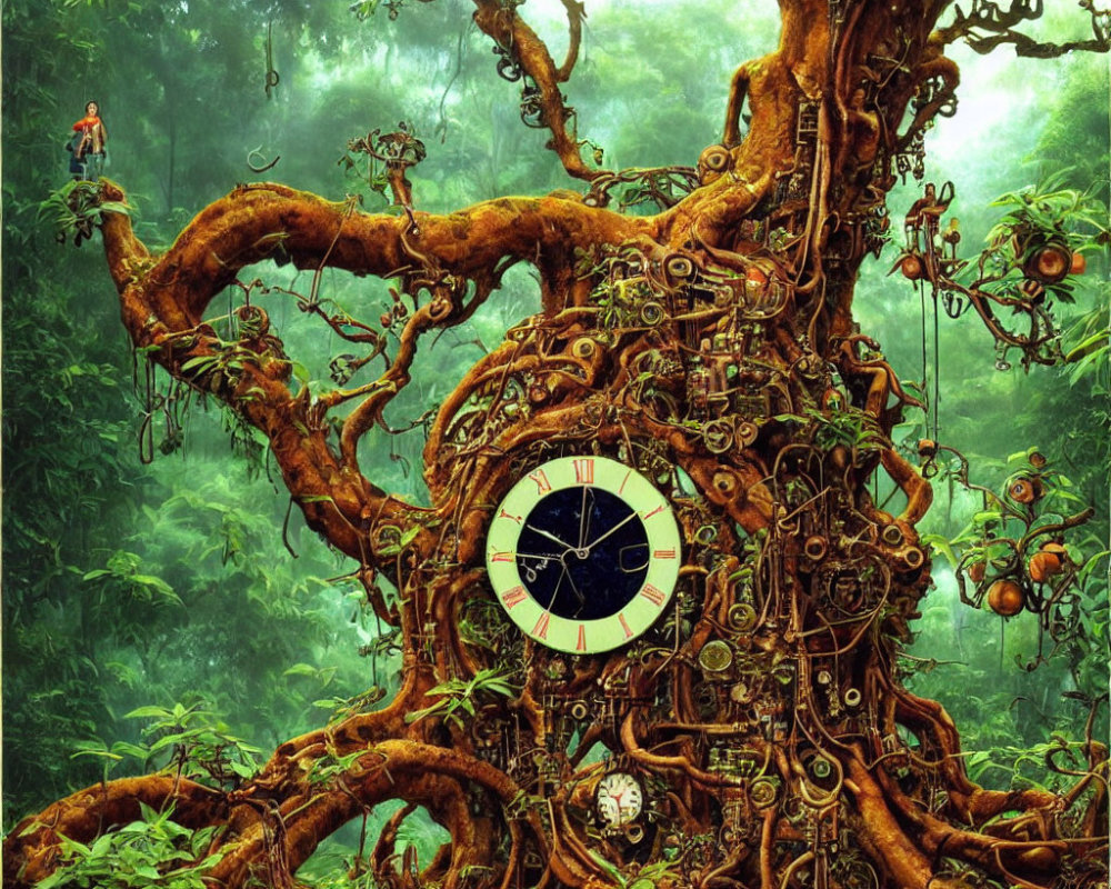 Fantastical tree with clock faces in trunk among lush forest