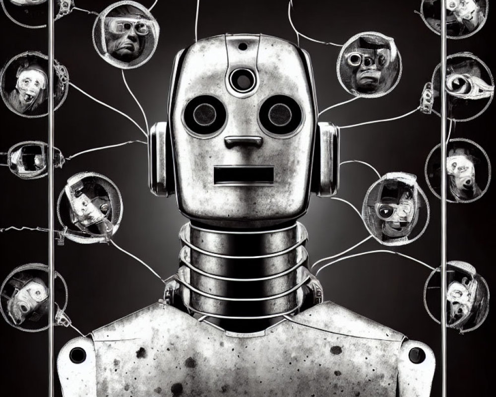 Vintage Robot Surrounded by Floating Human Heads on Dark Background