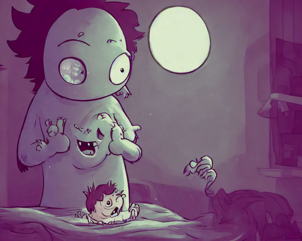 Monochrome illustration of friendly monster protecting child from toy-sized creature