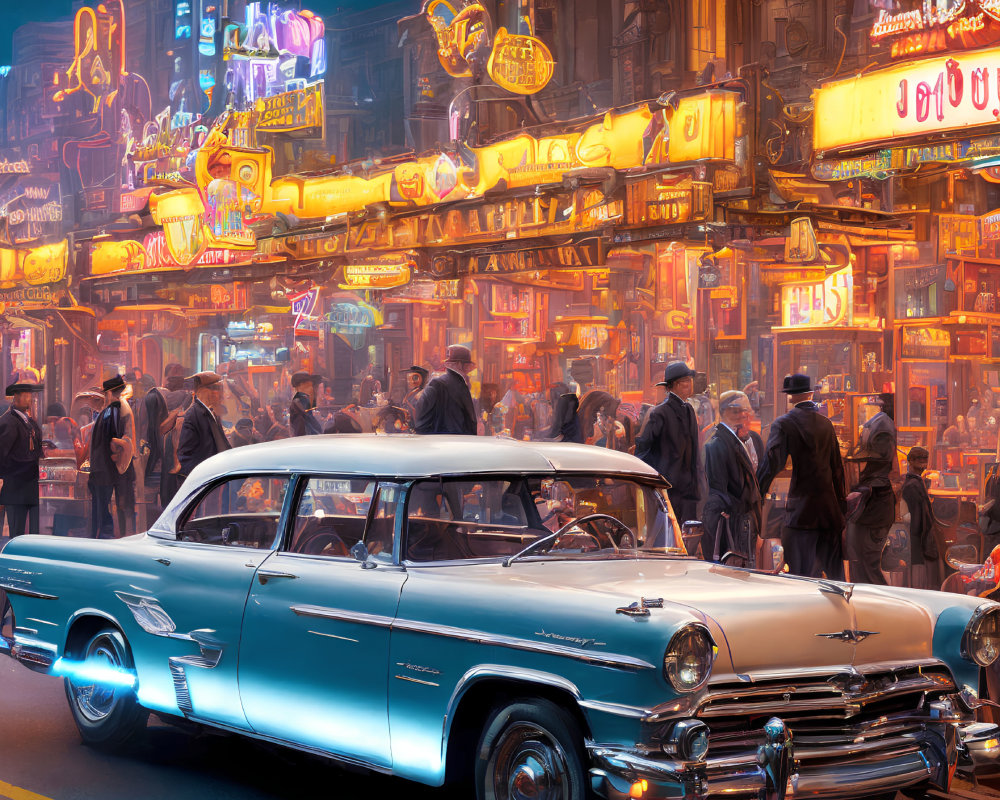 Night Cityscape: Neon Signs, Crowds, Vintage Car