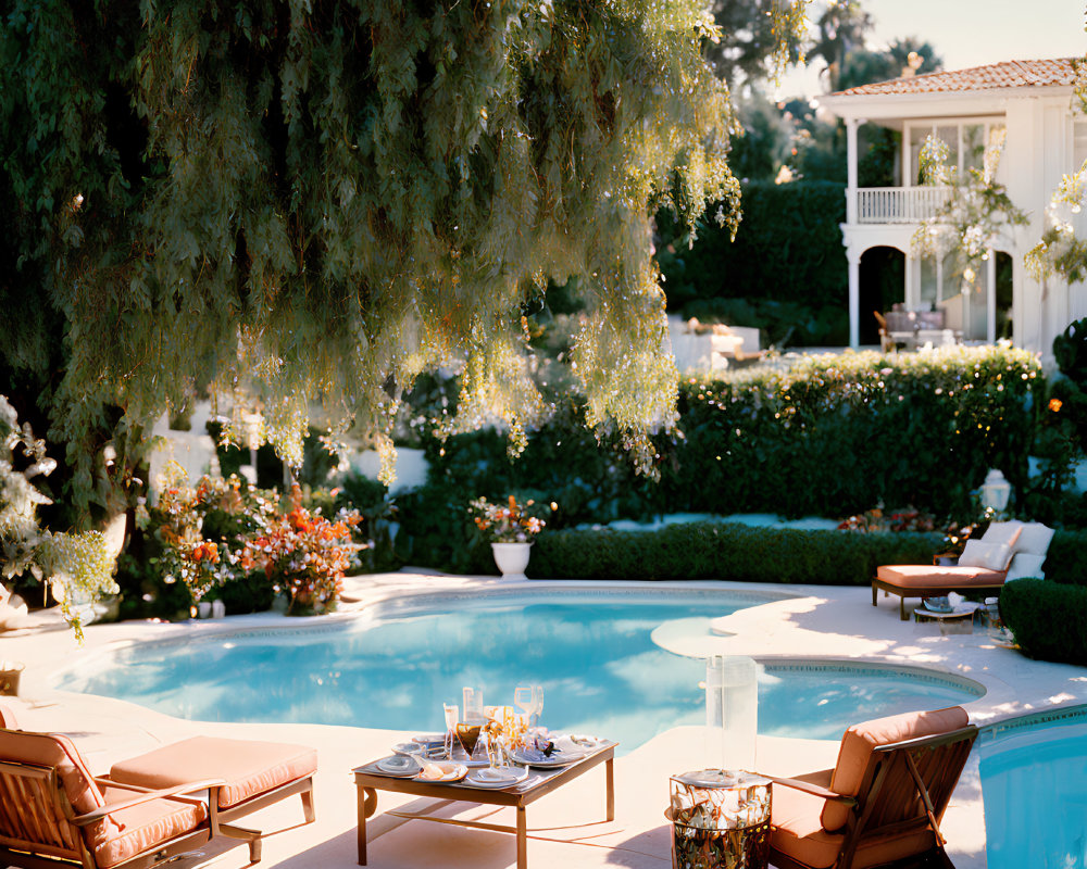 Elegant poolside scene with loungers, table, and greenery