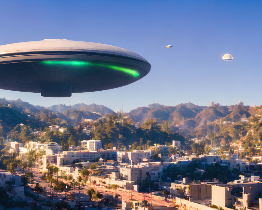 Large UFO and smaller flying object over sunny cityscape with hills