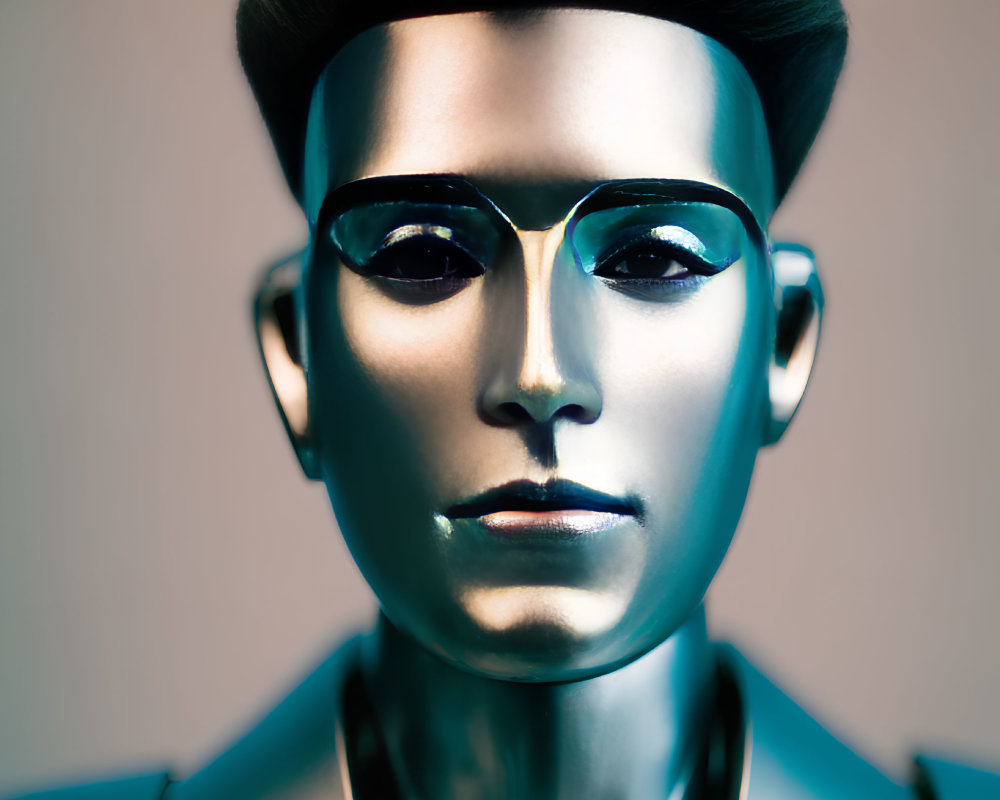 Shiny humanoid robot with stylized face on neutral background