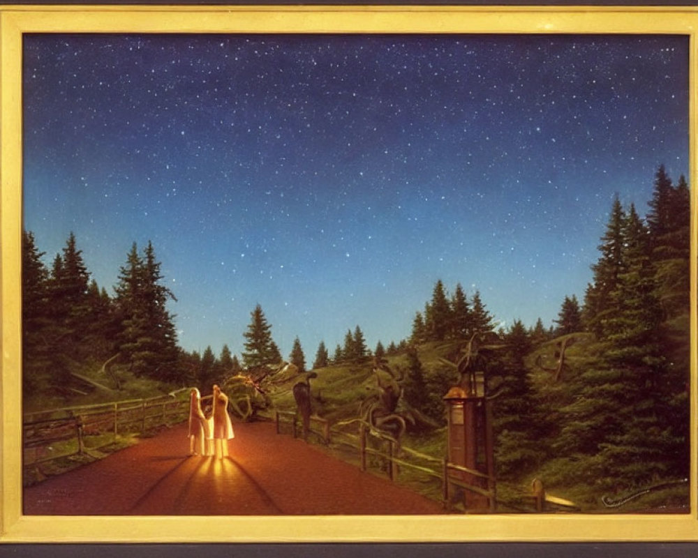 Framed painting of couple in forest under starry sky with musician and deer