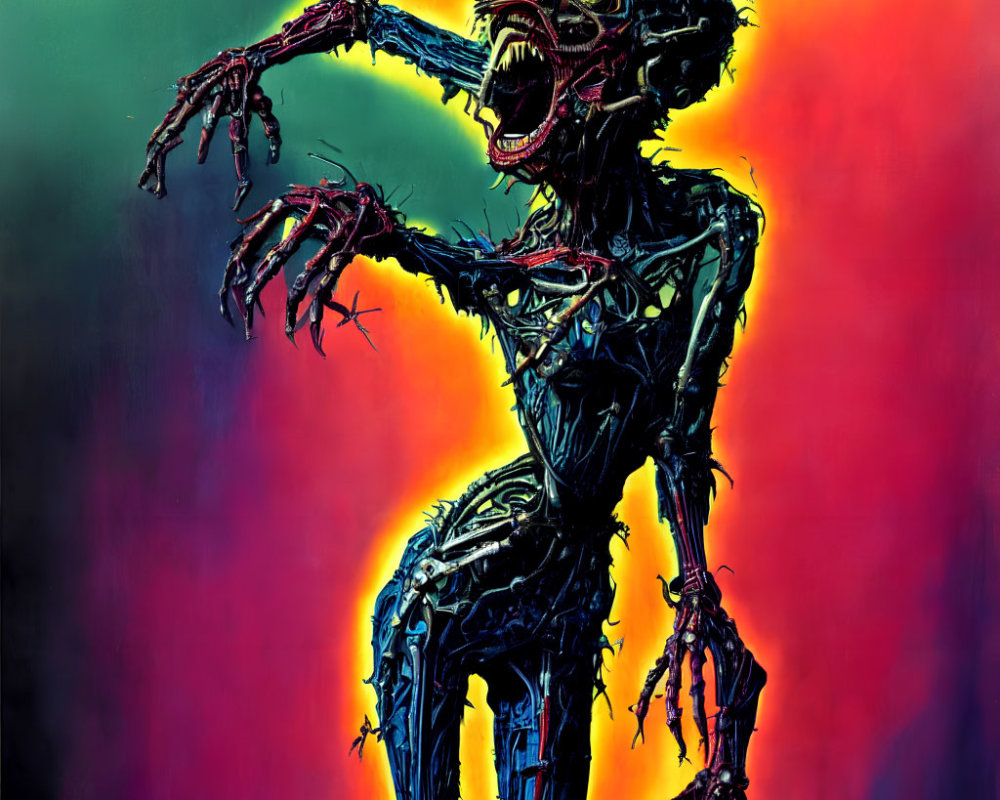 Elongated limbs, sharp claws, wide-open mouth: Grotesque skeletal creature on vibrant background