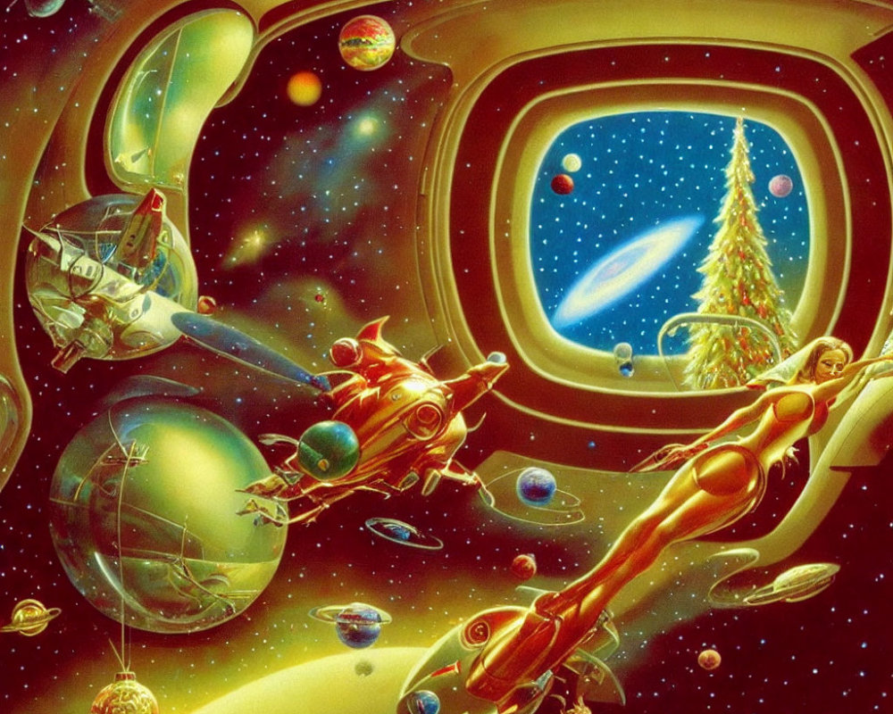 Festive Christmas tree in spacecraft surrounded by colorful cosmos