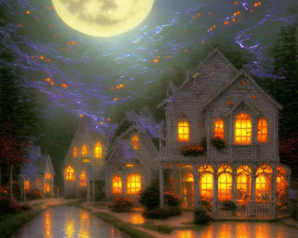 Cozy illuminated cottage by canal under full moon.