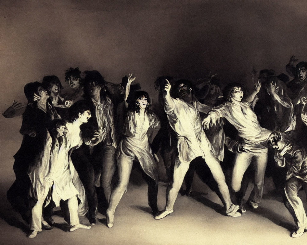 Dynamic Monochrome Artwork: Group of Figures in Expressive Poses with Dramatic Lighting