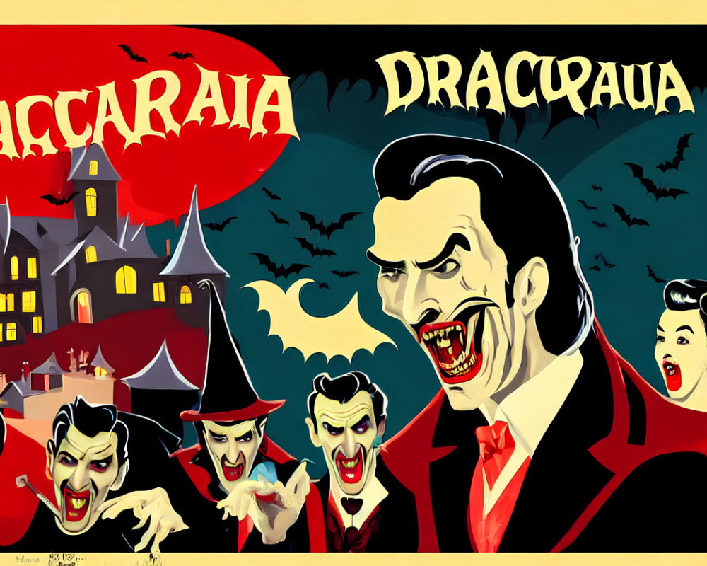 Stylized Dracula poster featuring castle, bats, fanged figure, varied expressions, and woman