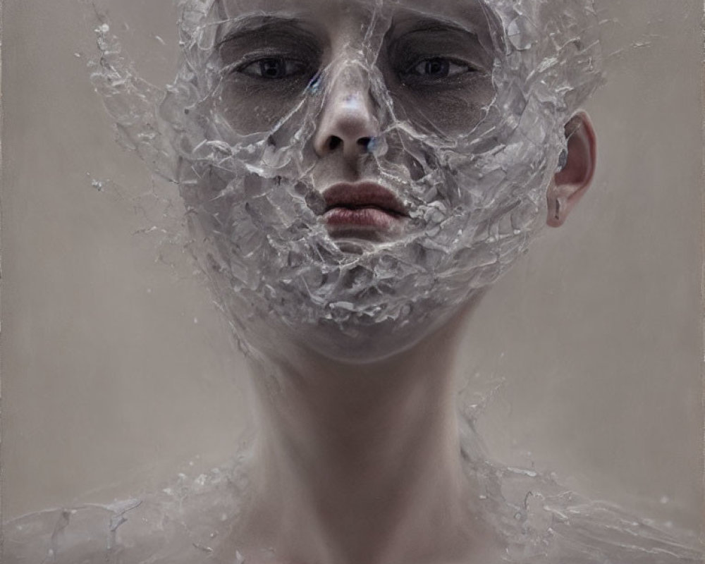 Serene person wrapped in translucent textured material