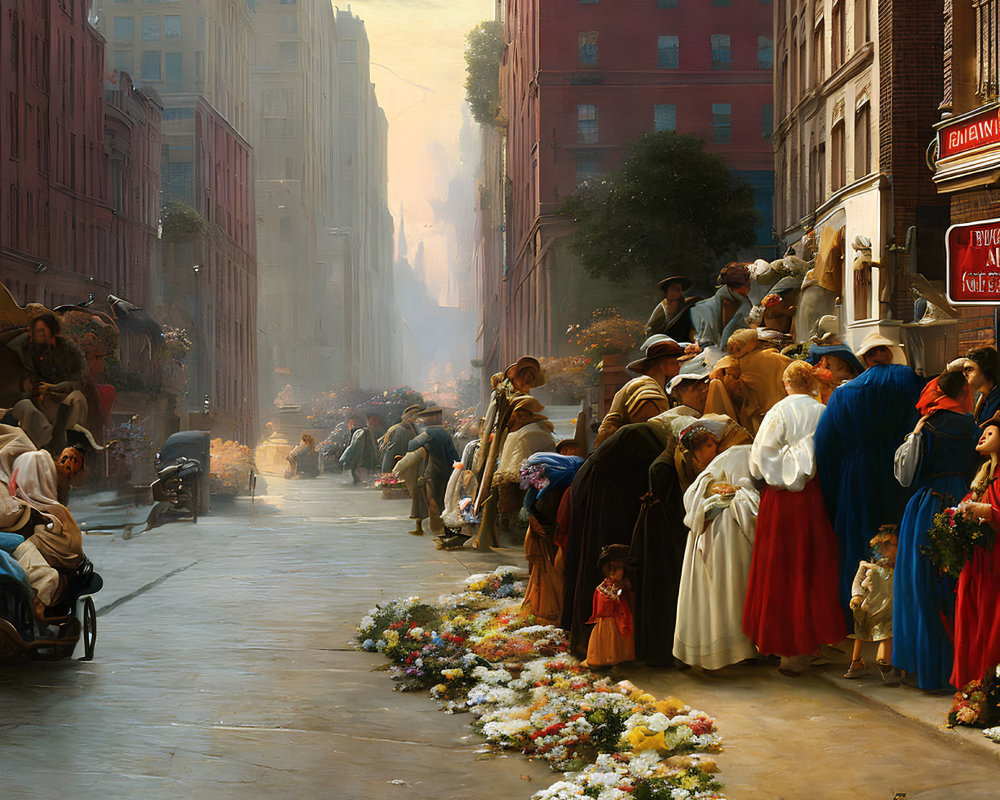 Vintage city street scene with period clothing, horse-drawn carriages, and flower vendors.