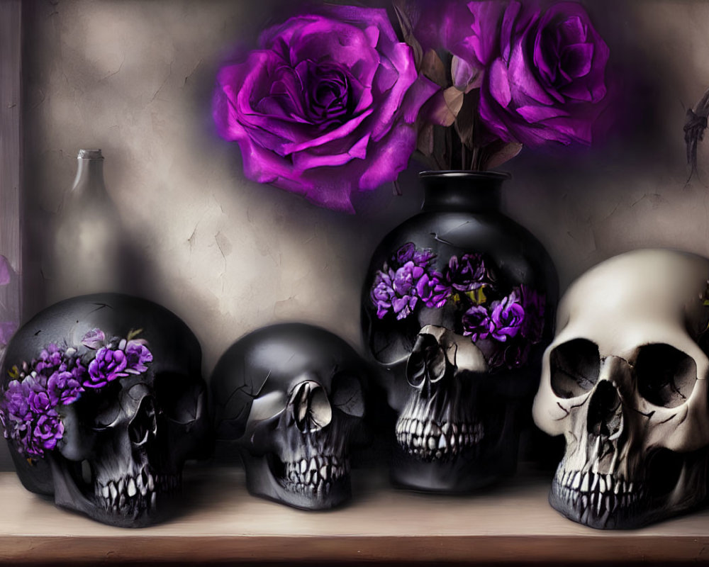 Decorated Skulls, Purple Roses, and Dusty Bottle Still Life on Wooden Surface