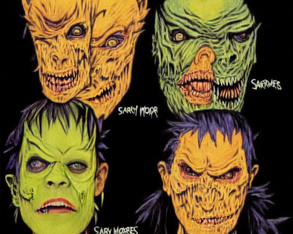 Four Halloween-inspired painted faces in yellow and green on black background