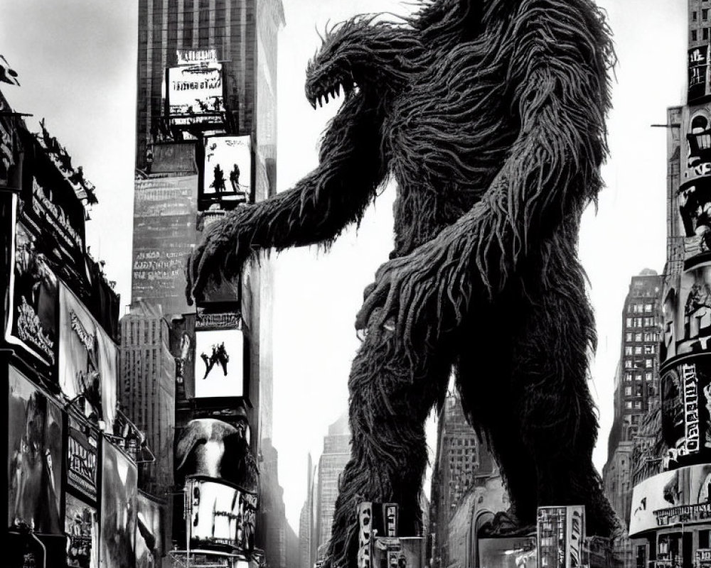 Enormous ape walks through city among skyscrapers and billboards