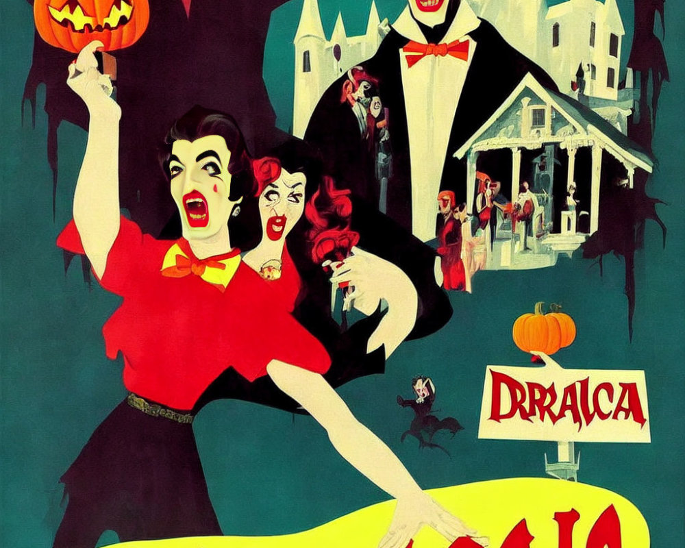 Stylized vampire characters on vintage Halloween poster with haunted house and Cyrillic text