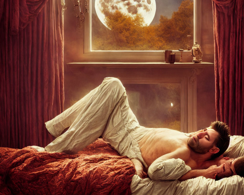 Man peacefully resting in bed under full moon glow